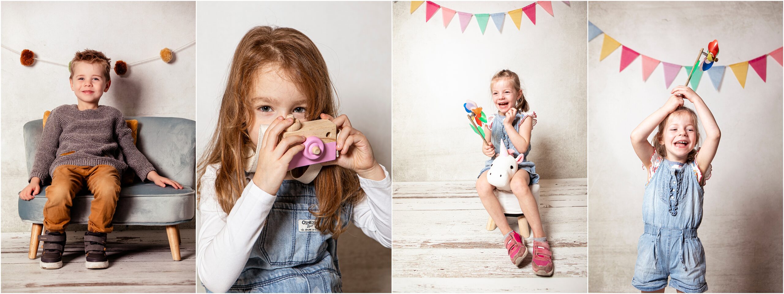Fotocollage von Kindergartenfotos vor einem Studiohintergrund